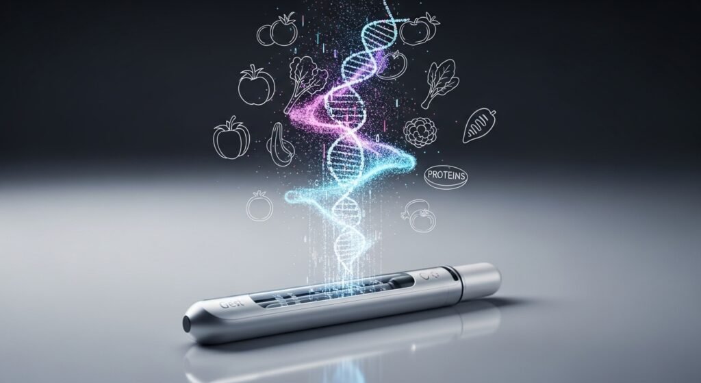 Kit de teste de DNA com representação visual de dados genéticos se transformando em alimentos.