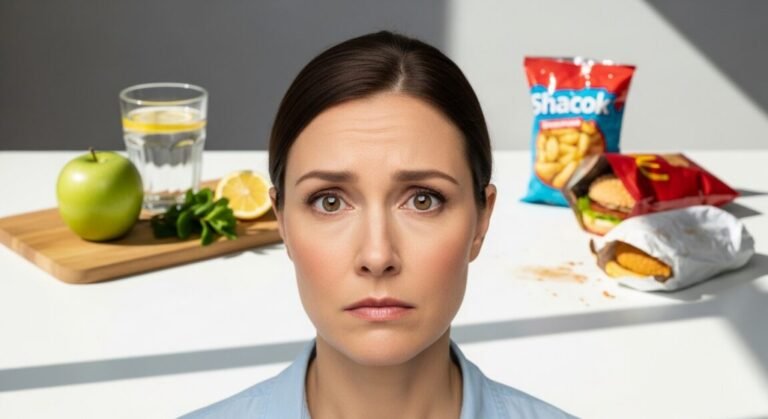 Maçã verde e alimentos naturais de um lado, salgadinho industrializado do outro, separados por uma sombra.