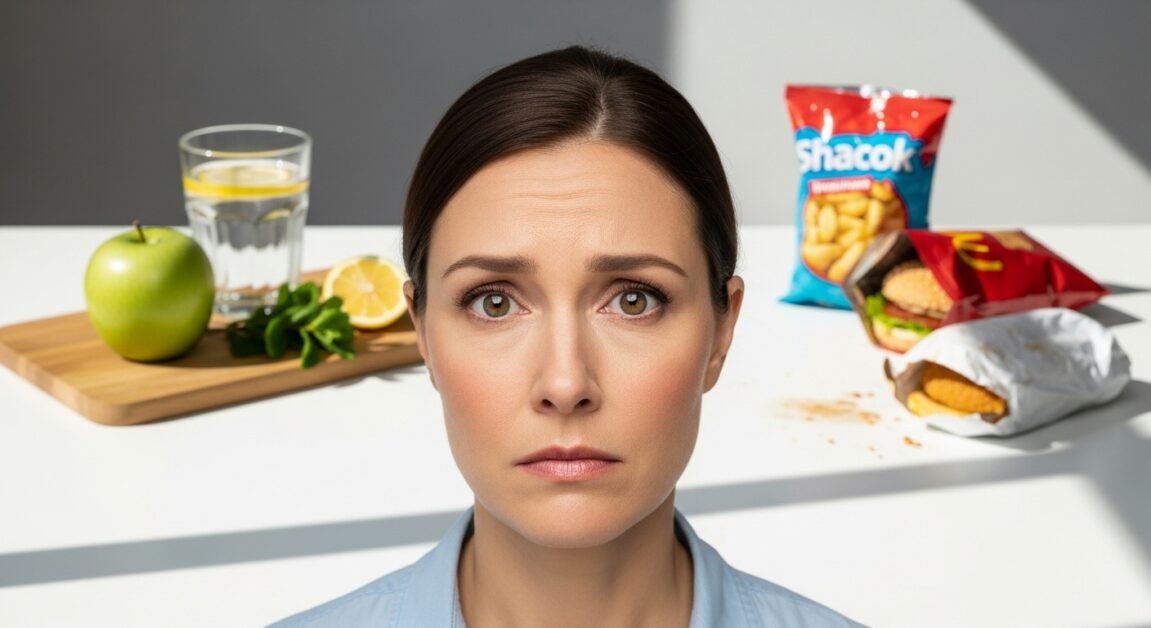Maçã verde e alimentos naturais de um lado, salgadinho industrializado do outro, separados por uma sombra.