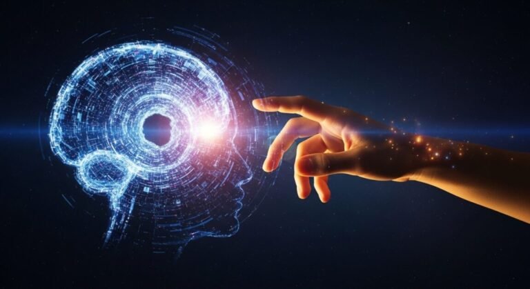 Mão humana emitindo luz orgânica interagindo com vórtice digital, simbolizando a fusão de humanidade e IA.