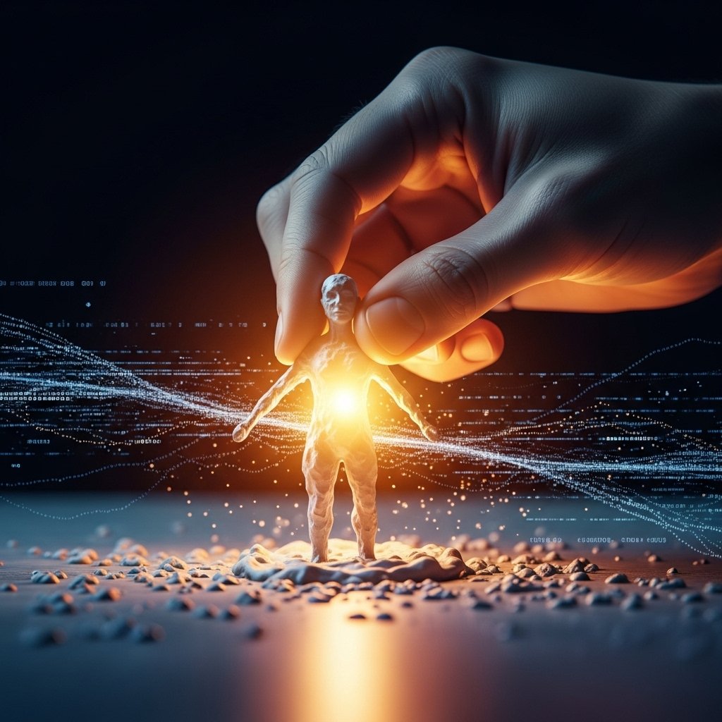 Mão humana moldando uma figura luminosa de argila, com linhas de código abstratas ao fundo, representando a criação humana daInteligência Artificial.