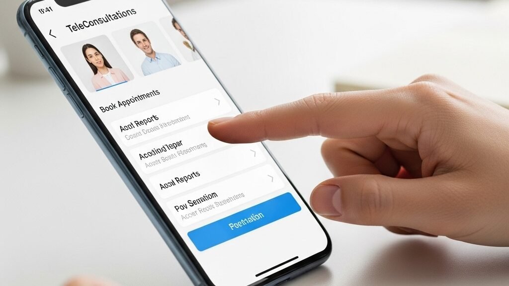 Mão usando aplicativo de telemedicina, simbolizando praticidade.