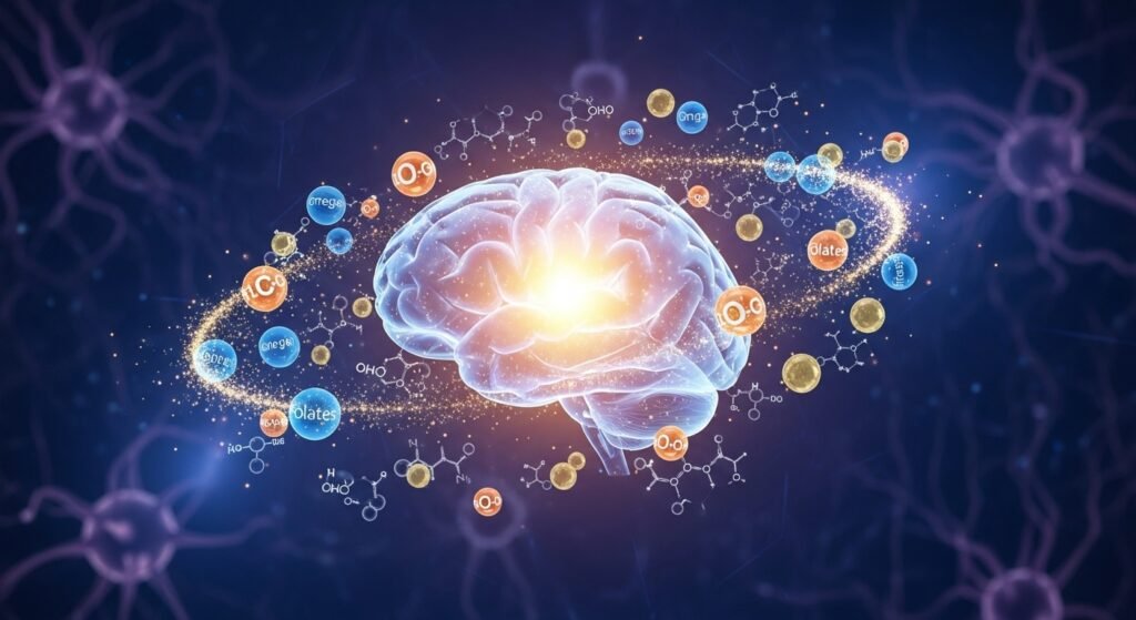 Moléculas e nutrientes flutuando ao redor de um cérebro luminoso, simbolizando proteção.