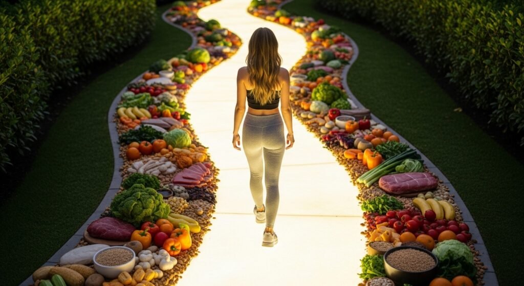 Pessoa em caminho iluminado com opções de alimentos saudáveis, simbolizando dieta otimizada.