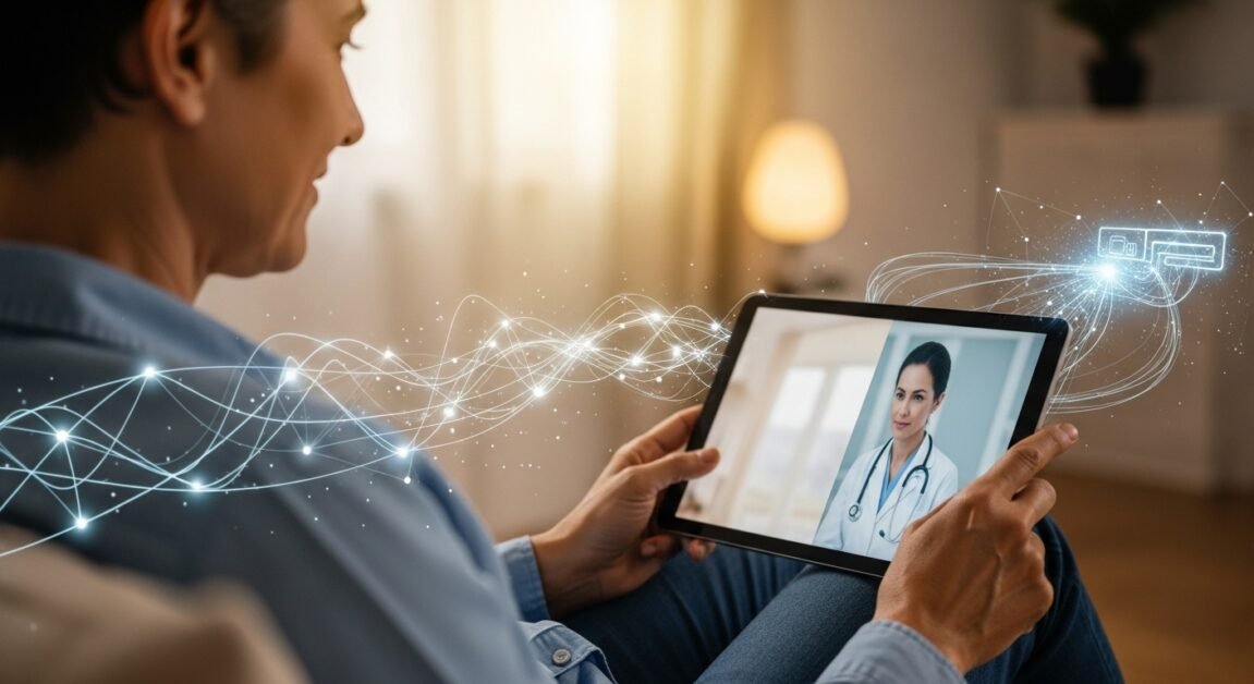 Pessoa em teleconsulta em casa, simbolizando telemedicina.