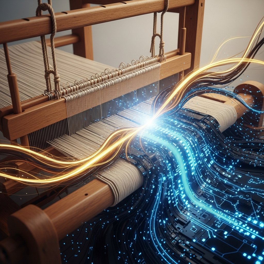 Tear antigo se transforma e se entrelaça organicamente com um circuito moderno, simbolizando a evolução contínua da inovação. Como a inteligencia Artificial.