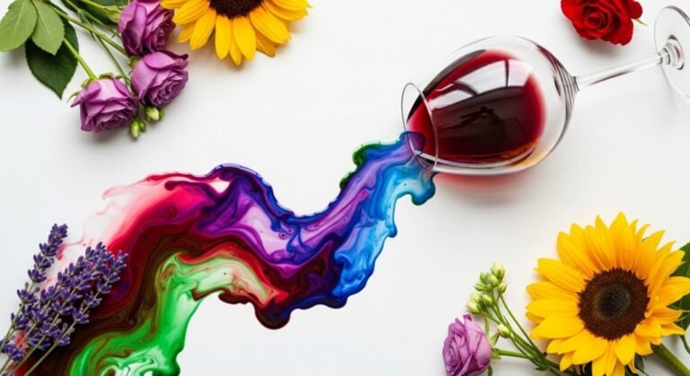 Uma composição vibrante onde uma taça de vinho tinto derrama seu conteúdo em uma superfície branca, e o líquido se transforma em um rio de cores que se misturam