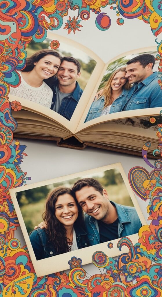 Albuns de fotos mostrando fotos felizes de um casal, envoltos em cores psicodelicas