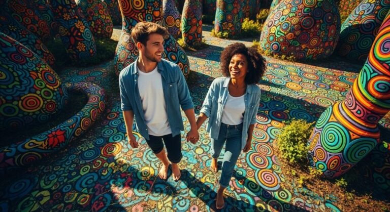 Casal andando sorrindo por um caminho multicolorido