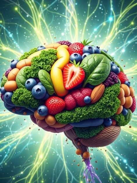 Pin Cérebro composto por alimentos saudáveis sobre fundo abstrato de redes neurais.