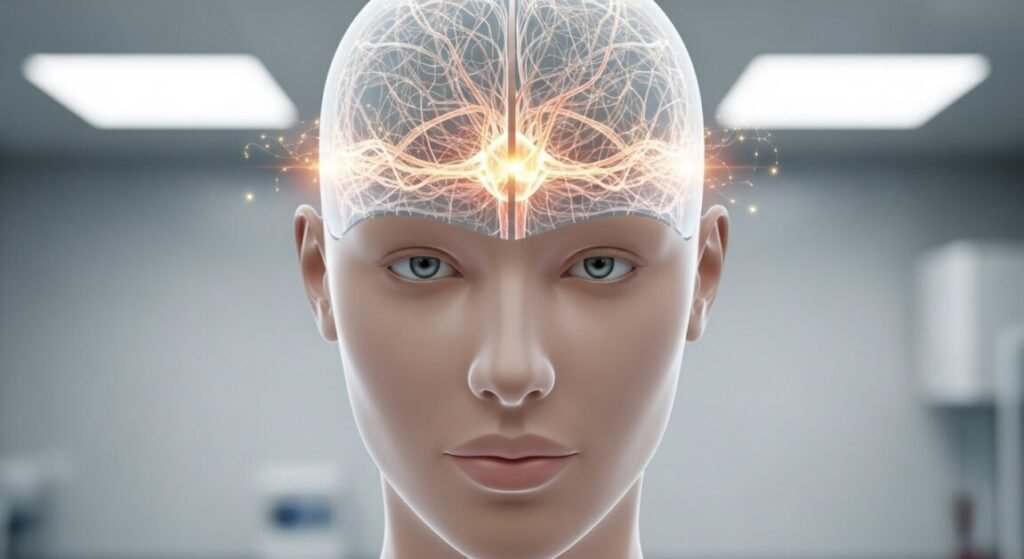 Cabeça com cérebro brilhante, simbolizando a reconfiguração cerebral.