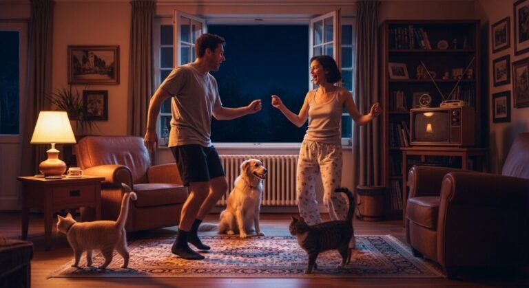 Casal em pijamas dançando e cantando em uma sala de estar com aparelho de som dos anos 90