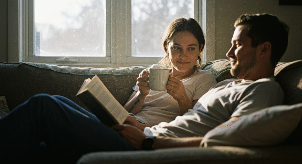 Casal em sala de estar, um lendo e o outro observando, sob a luz do sol, em um momento de quietude. Voce escolheu a pessoa certa.