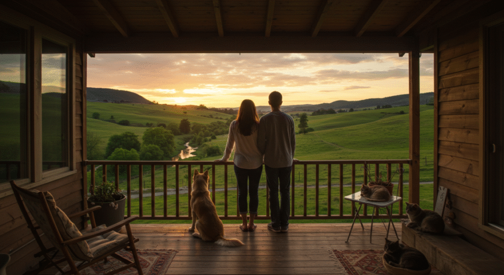 Casal na varanda de casa nova no campo, de mãos dadas, olhando para a paisagem, com um cachorro vira-lata caramelo e alguns gatos por perto.