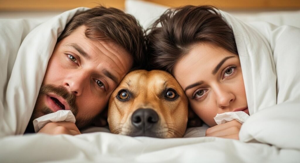 Casal que escolheu a pessoa carta com aparência abatida de resfriado, com um cachorro vira-lata caramelo repousando o focinho entre eles.