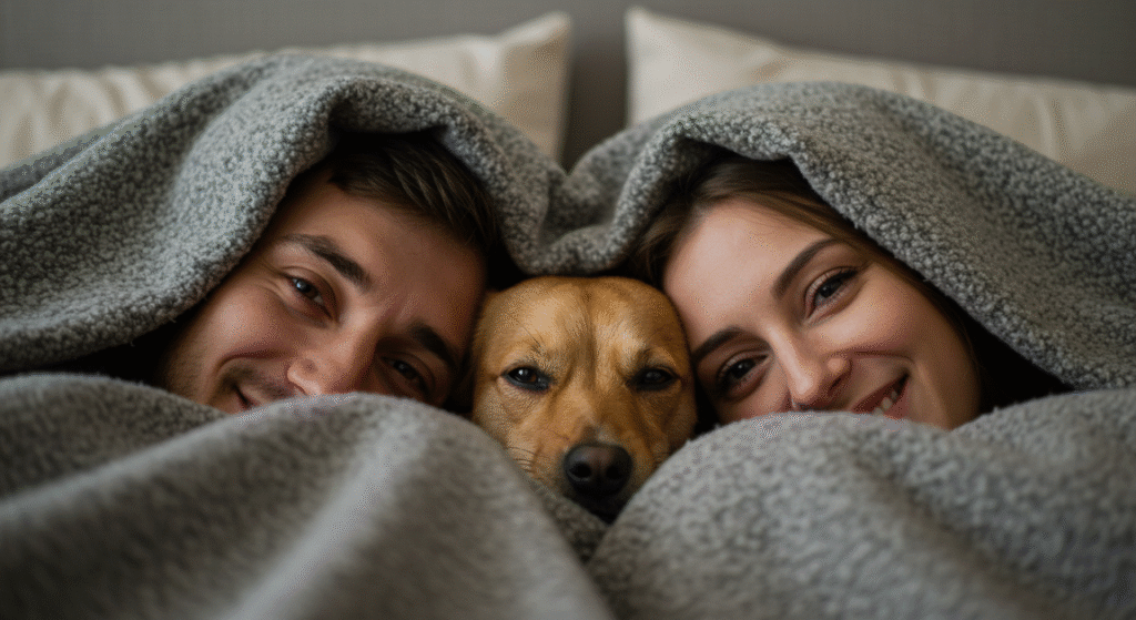 Close-up dos rostos sorridentes de um casal debaixo das cobertas em dia frio, com a cabeça de um cachorro vira-lata caramelo entre eles.