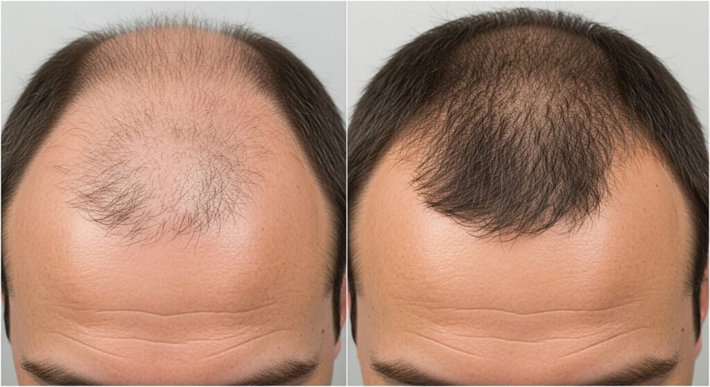 Comparativo de couro cabeludo antes e depois de tratamento, crescimento capilar.