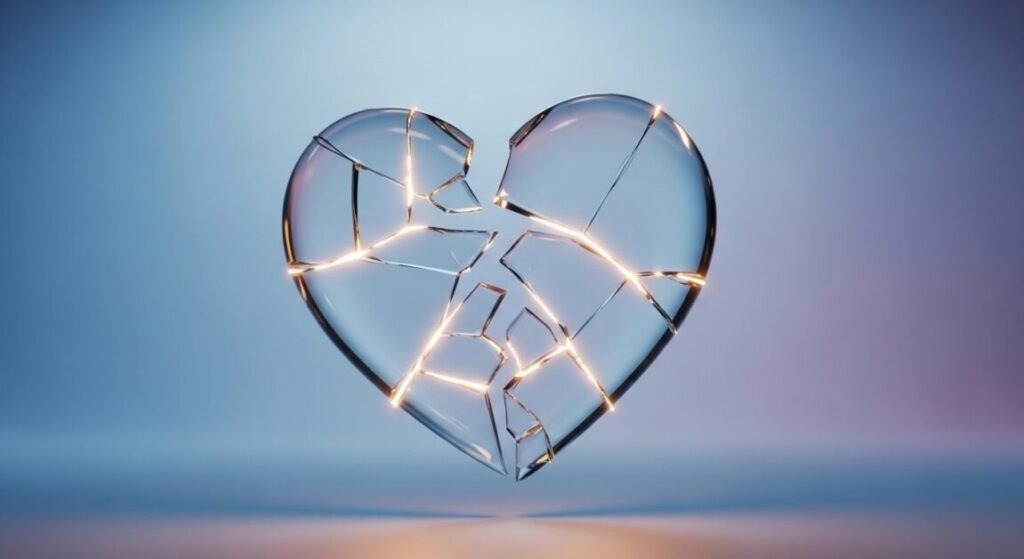 Coração de vidro se reconstruindo com luz, simbolizando recuperação da autoestima.