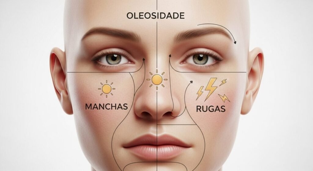Ilustração detalhada de rosto humano dividido por ícones de oleosidade, manchas e rugas. Pele sempre jovem.
