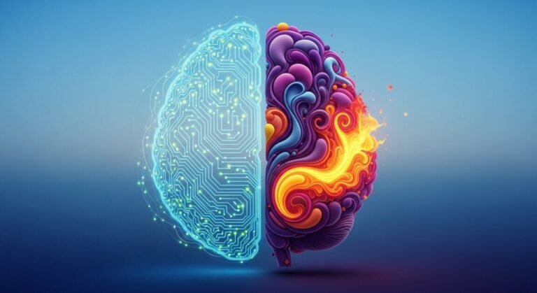 Metade do cérebro digital, metade orgânico, simbolizando a saúde do cérebro.