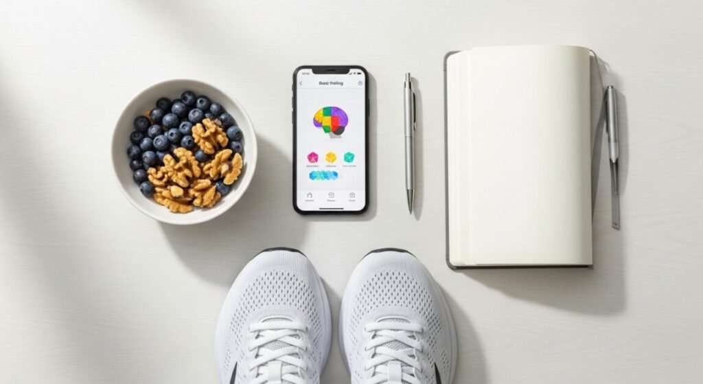 Objetos de hábitos saudáveis, como celular, comida e tênis, para a saúde do cérebro.