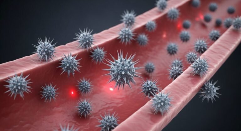 Partículas de colesterol se acumulando em uma artéria, representando aterosclerose.