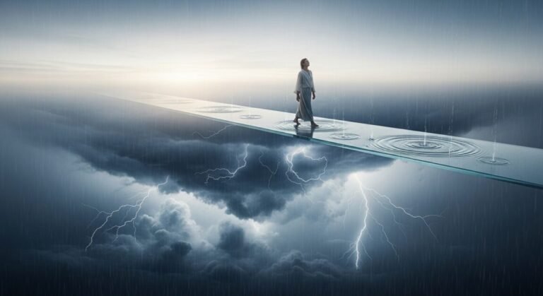Pessoa caminhando em trilha transparente sob chuva, com imagem de tempestade embaixo, simbolizando a paz interior.