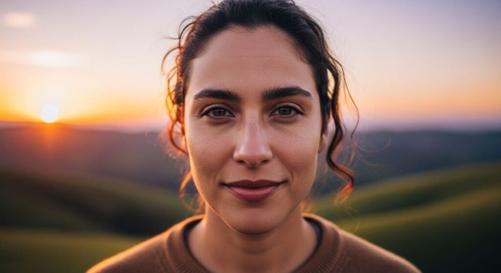Pessoa feliz e confiante com fundo vibrante, simbolizando autoestima elevada.