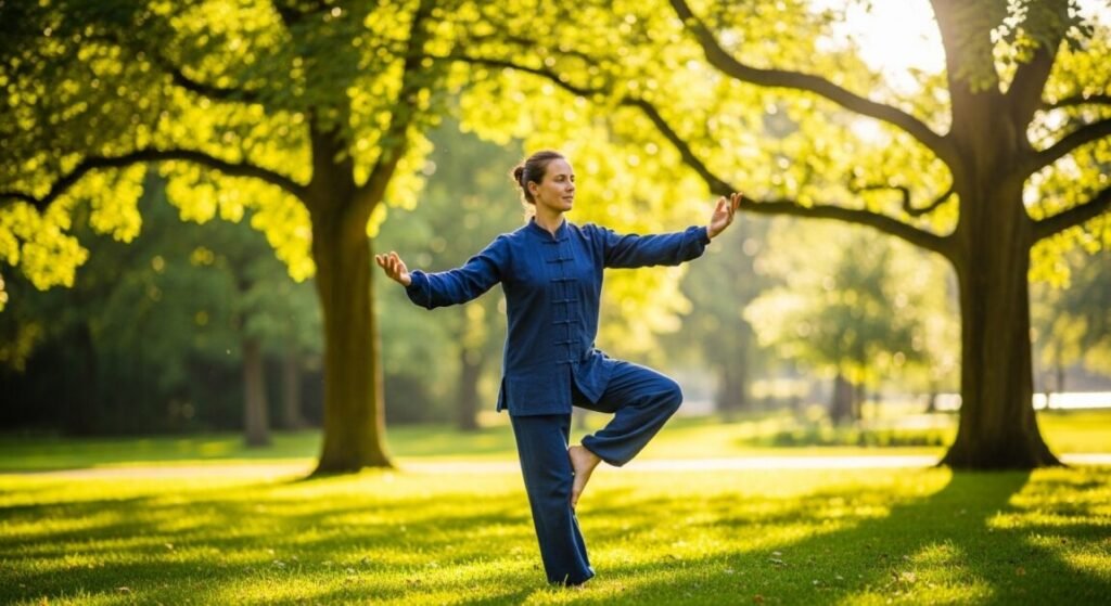 Pessoa praticando exercício em parque, simbolizando o cuidado com a mente e o corpo.