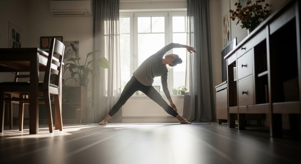 Pessoa se alongando em pose de yoga dentro de casa, sob luz natural, simbolizando autocuidado e bem-estar.