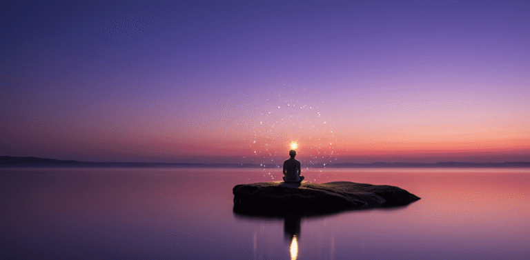 Pessoa sentada sozinha em uma rocha flutuante, simbolizando a paz da solitude.