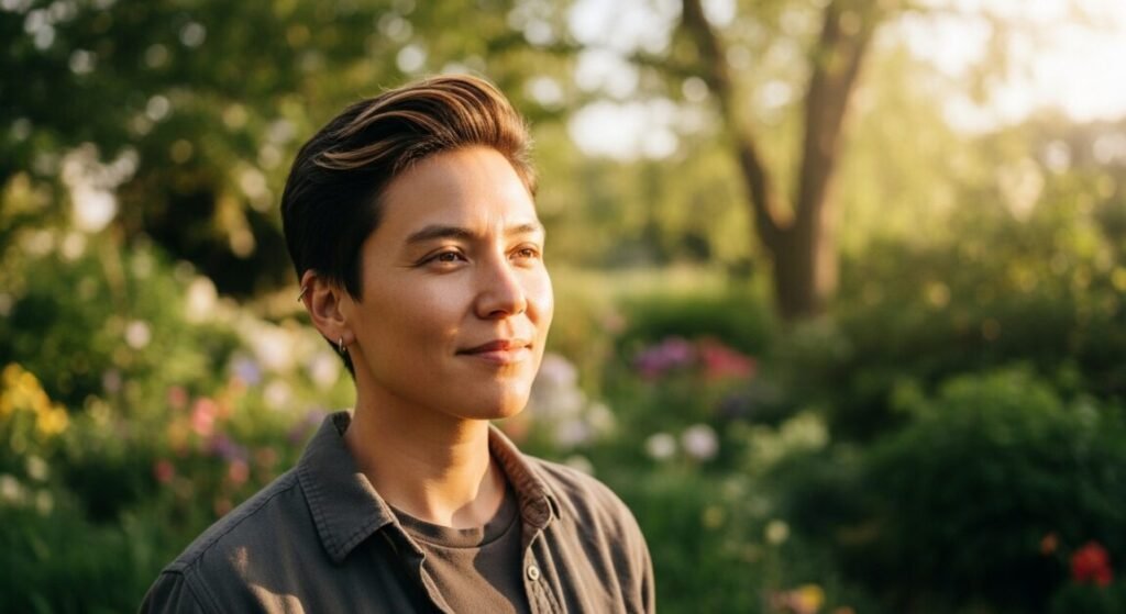 Pessoa sorrindo em paisagem natural, simbolizando bem-estar e saúde da pele.