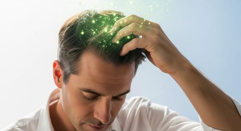 Pessoa tocando o couro cabeludo com luz verde, simbolizando cura da calvicie.
