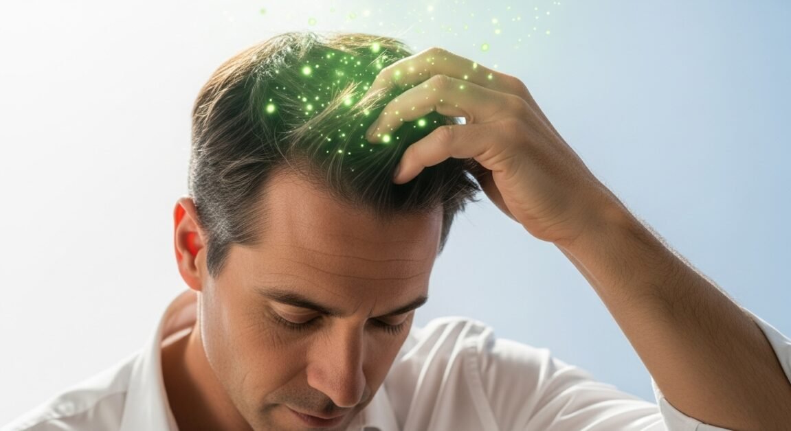 Pessoa tocando o couro cabeludo com luz verde, simbolizando cura da calvicie.