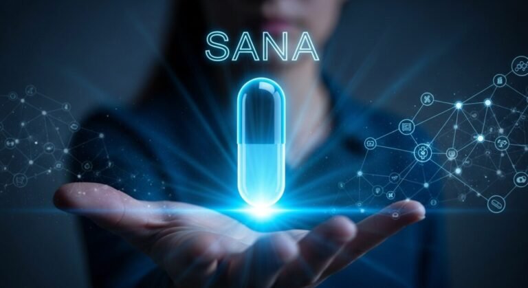 Pílula Azul brilhante na palma da mão, nova droga Sana.