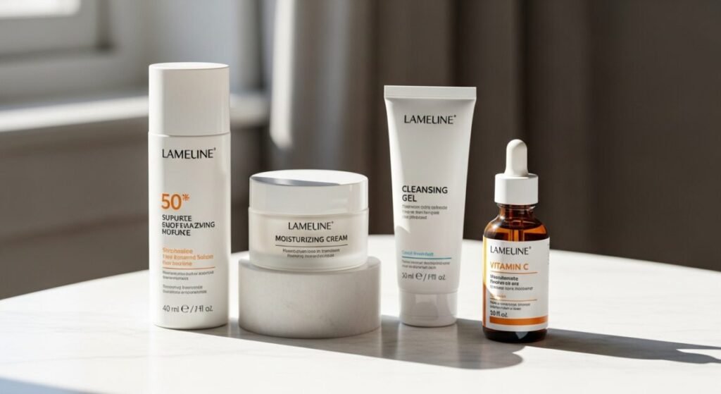 Produtos essenciais de skincare, como protetor solar, hidratante e sérum.