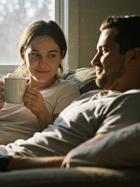 Casal em sala de estar, um lendo e o outro observando, sob a luz do sol, em um momento de quietude. Voce escolheu a pessoa certa.