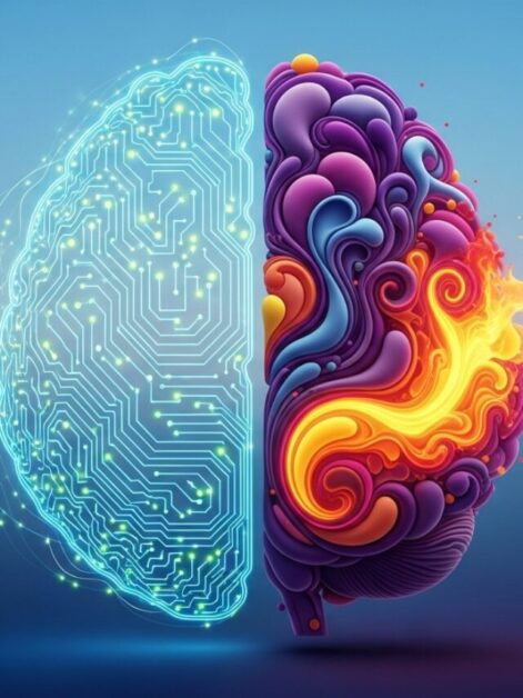 Metade do cérebro digital, metade orgânico, simbolizando a saúde do cérebro.