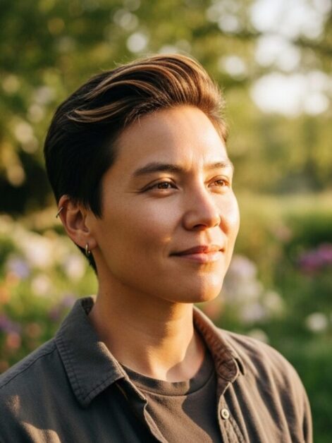 Pessoa sorrindo em paisagem natural, simbolizando bem-estar e saúde da pele.