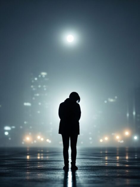 Silhueta de pessoa sozinha em paisagem urbana à noite, simbolizando solidão e isolamento.