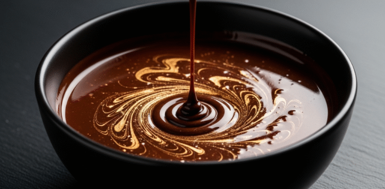 Chocolate amargo derretido com veios dourados, ilustrando os benefícios do chocolate