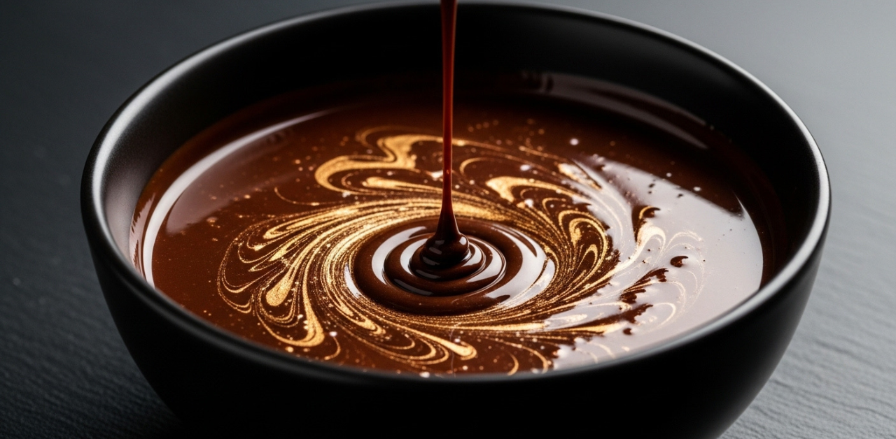 Chocolate amargo derretido com veios dourados, ilustrando os benefícios do chocolate