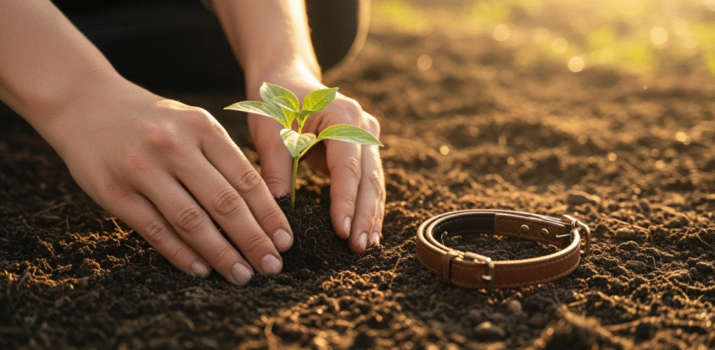 Close-up de mãos plantando uma pequena muda de árvore em um jardim, com a coleira do pet descansando ao lado, simbolizando a transformação da dor em memória viva.