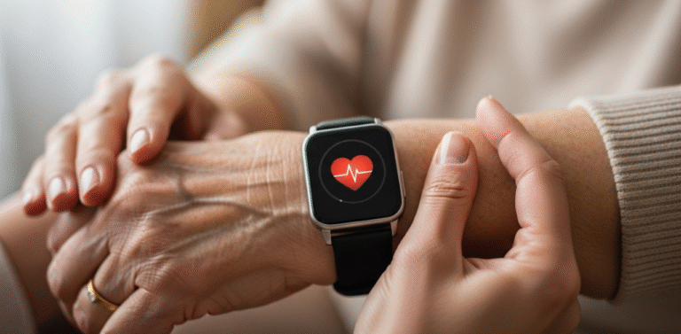 Close-up de uma mão jovem segurando a mão de uma pessoa idosa que usa um smartwatch com ícone de coração