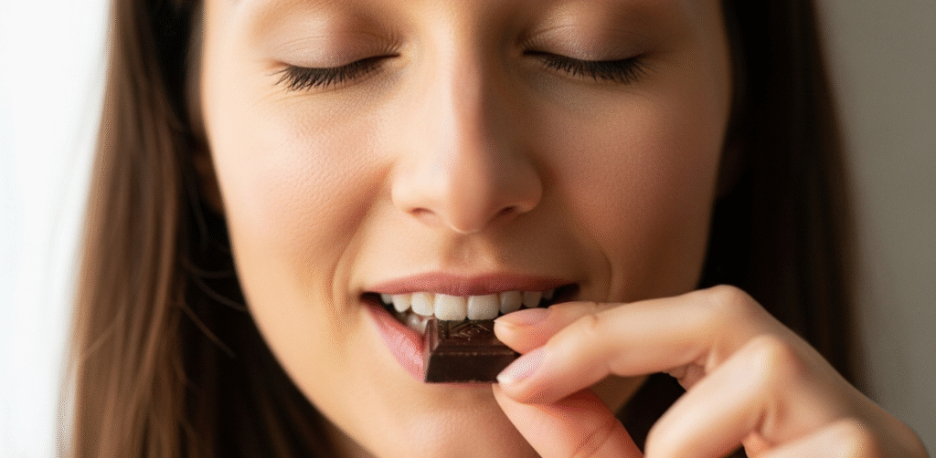 Close-up do rosto de uma pessoa com os olhos fechados e um sorriso sereno, saboreando lentamente um quadrado de chocolate amargo.