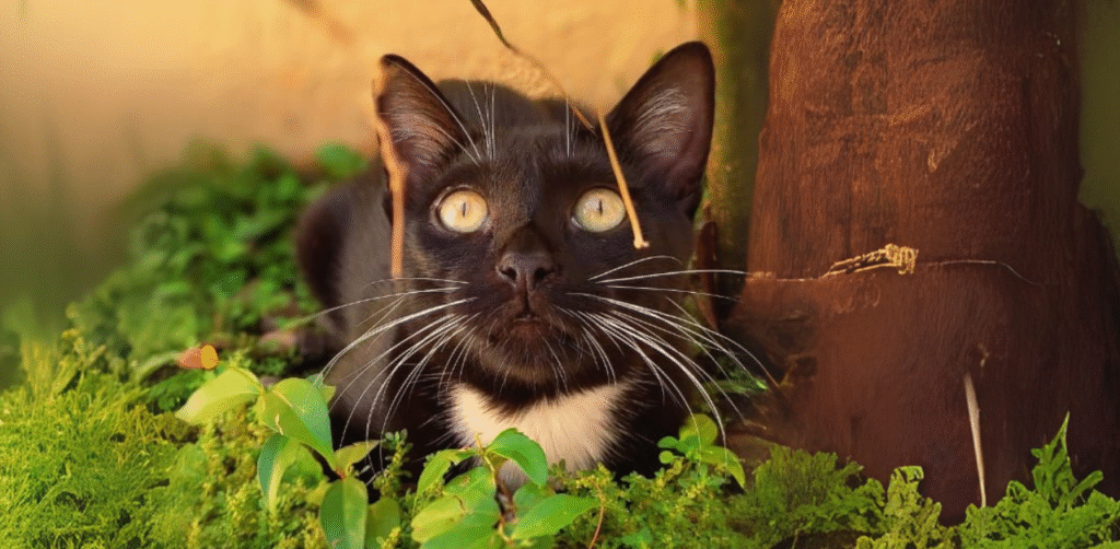 Foto de Tyler, um gato preto de bigodes brancos, que inspirou o artigo sobre o Luto por um Pet.