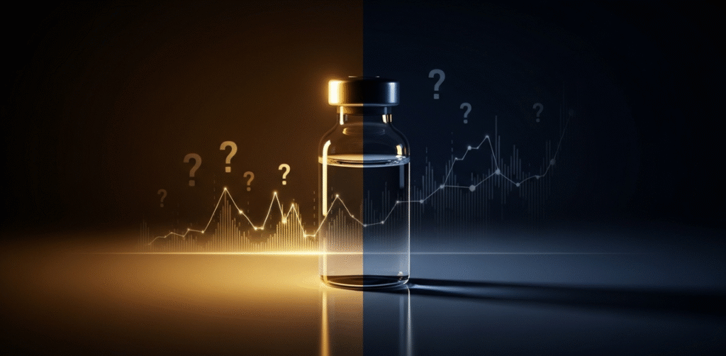 Frasco de vacina em destaque, simbolizando a esperança e o ceticismo em torno da vacina contra o câncer da Rússia, com iluminação dividida entre luz e sombra.