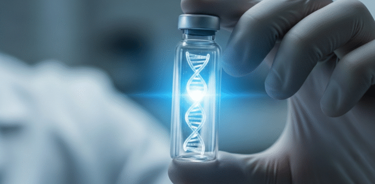 Mão de cientista segurando um frasco de vacina que contém uma fita de mRNA brilhante em seu interior, representando a tecnologia da imunoterapia.