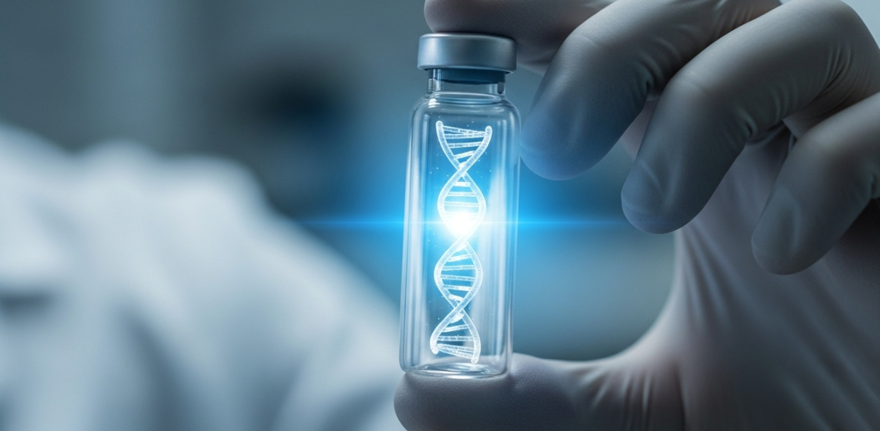 Mão de cientista segurando um frasco de vacina que contém uma fita de mRNA brilhante em seu interior, representando a tecnologia da imunoterapia.