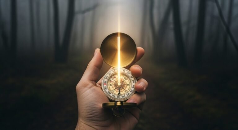 Mão segurando uma bússola de latão da qual emana um feixe de luz dourada que ilumina um caminho em uma floresta com neblina ao amanhecer.